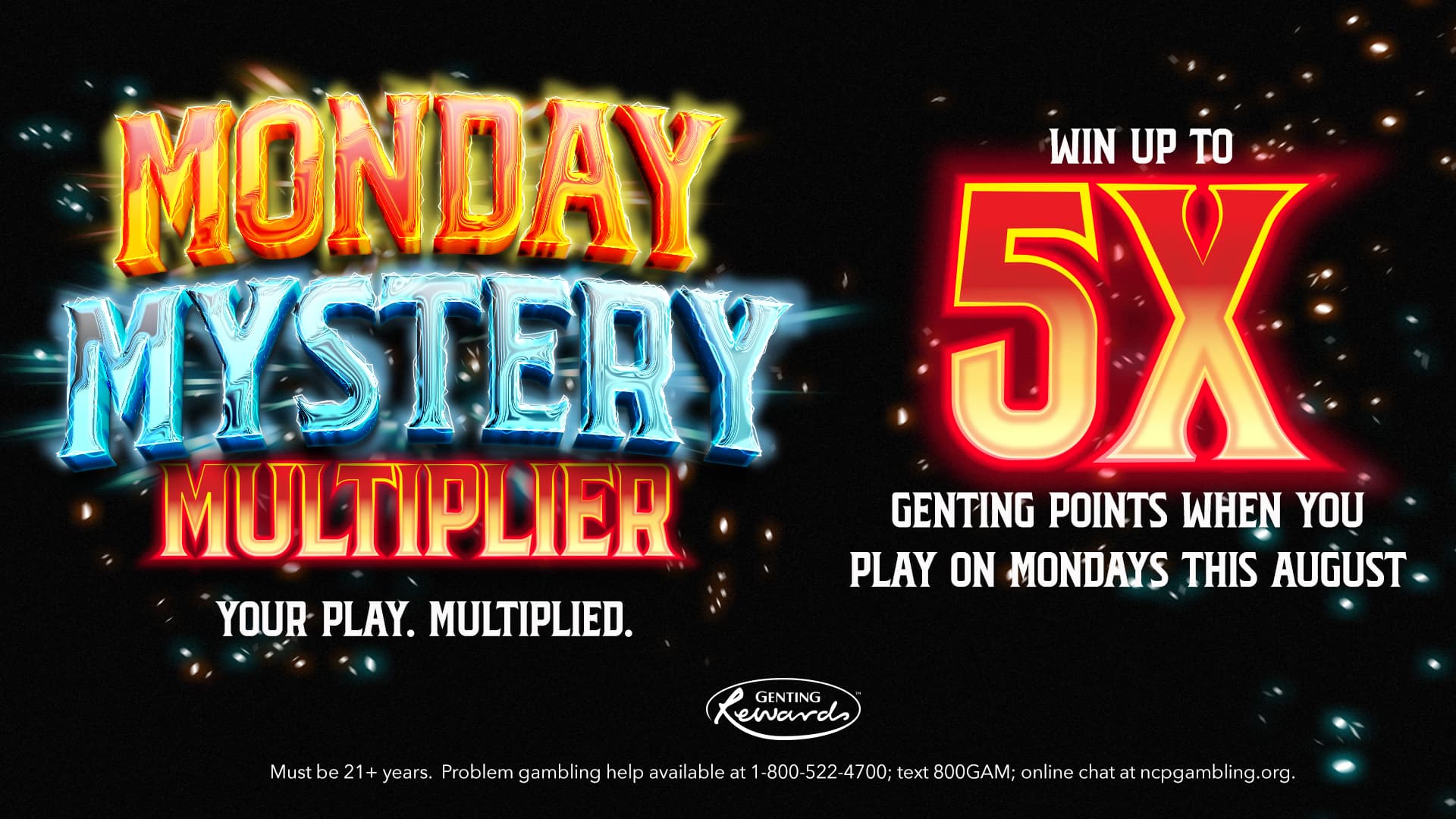 Promotional graphic for the Monday Mystery Multiplier featuring a chance to earn up to a 5x Genting Rewards points multiplier when playing on Mondays in August, with bold illuminated typography on a dark background and Genting Rewards branding.