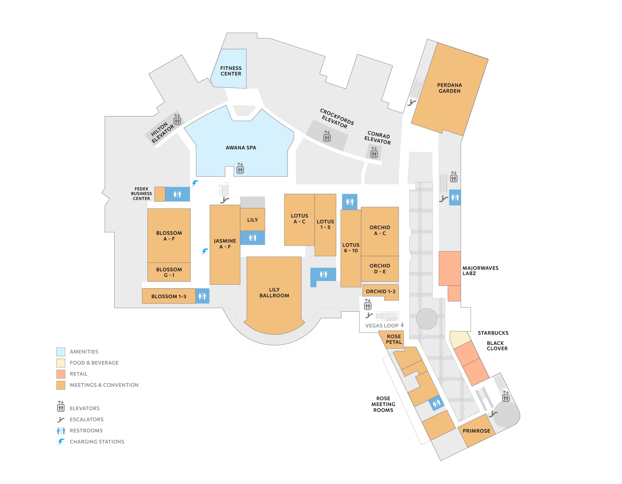 Illustrated Level 2 map of Resorts World Las Vegas showing the Awana Spa, fitness center, meeting rooms and ballrooms, Perdana Garden, retail locations, food and beverage venues, elevators, escalators, restrooms, charging stations, and the Vegas Loop connection.
