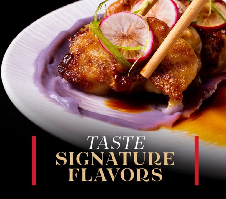 Taste Signature Flavors promotion featuring a plated entrée and thoughtfully curated prix-fixe menus from Resorts World Las Vegas restaurants.