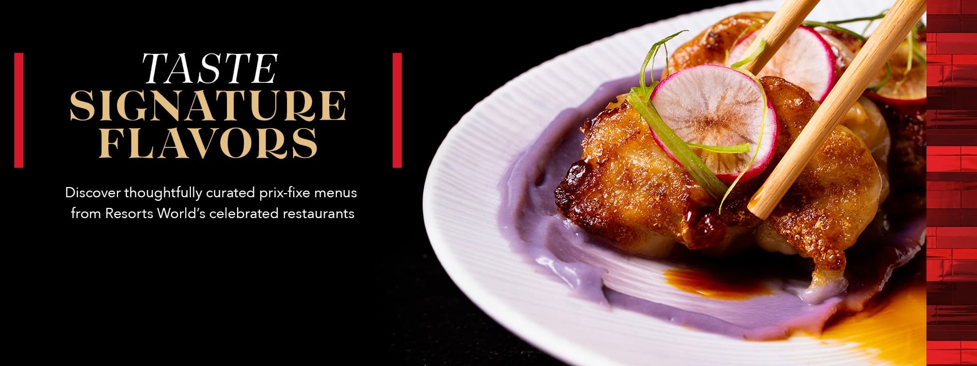 Taste Signature Flavors promotion featuring a plated entrée and thoughtfully curated prix-fixe menus from Resorts World Las Vegas restaurants.