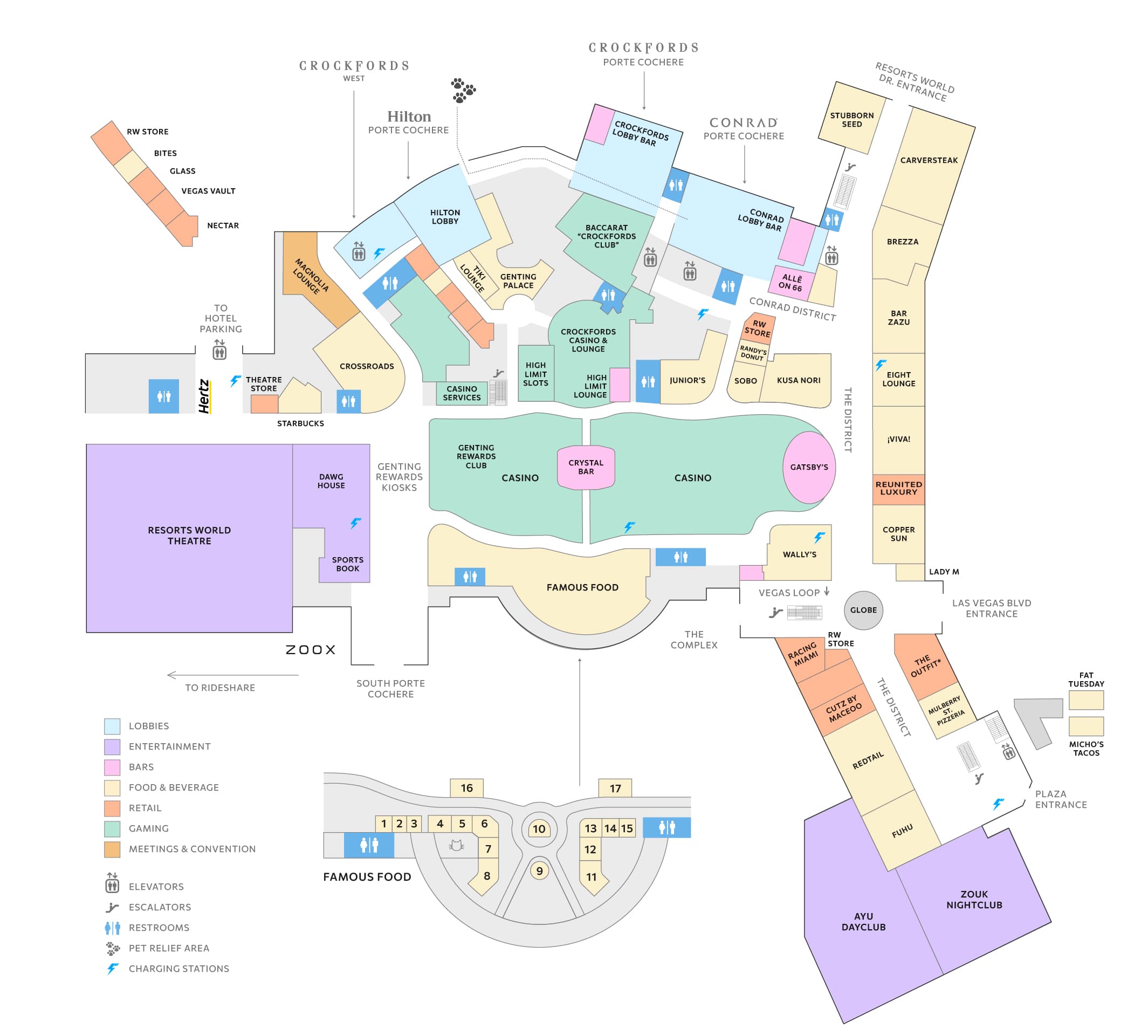 Illustrated Level 2 map of Resorts World Las Vegas showing the Awana Spa, fitness center, meeting rooms and ballrooms, Perdana Garden, retail locations, food and beverage venues, elevators, escalators, restrooms, charging stations, and the Vegas Loop connection.