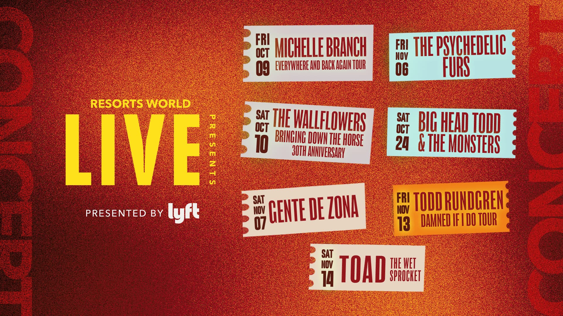Resorts World Live concert series lineup featuring Michelle Branch, The Wallflowers, Big Head Todd & The Monsters, The Psychedelic Furs, Gente de Zona, Todd Rundgren, and Toad the Wet Sprocket