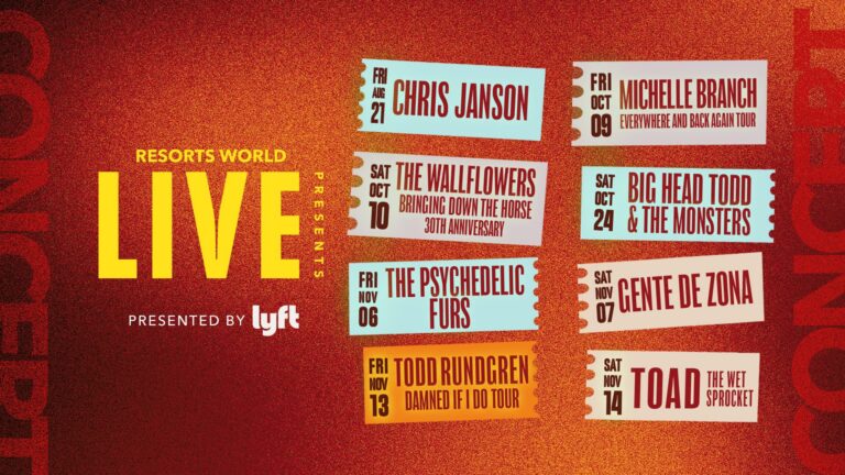 Resorts World Live concert lineup featuring Chris Janson, Michelle Branch, The Wallflowers, Big Head Todd & The Monsters, The Psychedelic Furs, Gente de Zona, Todd Rundgren, and Toad the Wet Sprocket.