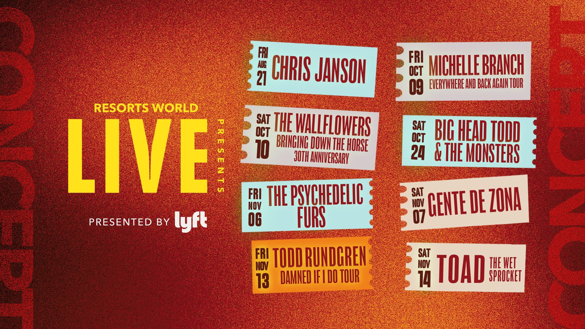 Resorts World Live concert lineup featuring Chris Janson, Michelle Branch, The Wallflowers, Big Head Todd & The Monsters, The Psychedelic Furs, Gente de Zona, Todd Rundgren, and Toad the Wet Sprocket.