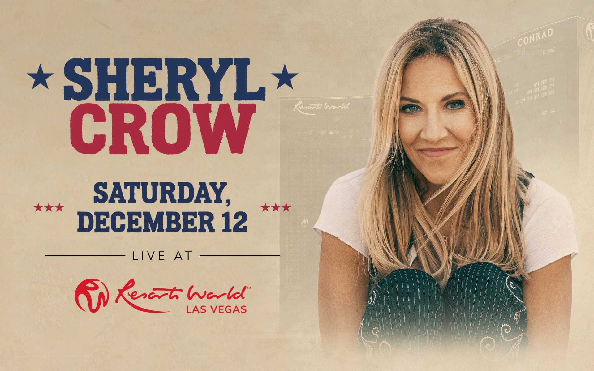 Promotional graphic for Sheryl Crow live at Resorts World Las Vegas on Saturday, December 12.
