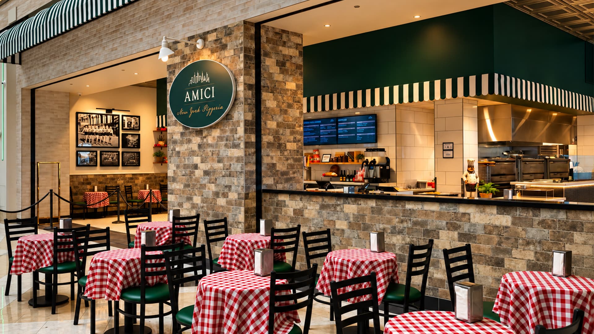 Amici New York Pizzeria with red-and-white checkered tables, restaurant signage, and an open service counter.