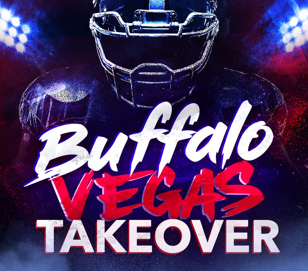 Promotional graphic for Buffalo Vegas Takeover featuring a football player under stadium lights with bold red and white event text.