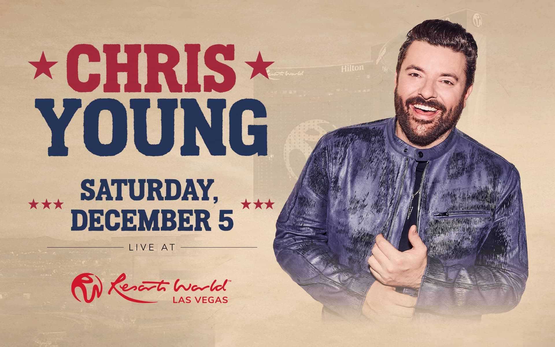 Promotional graphic for Chris Young performing live at Resorts World Las Vegas on Saturday, December 5.