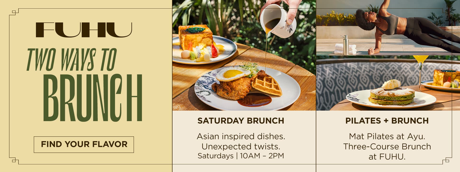 FUHU promotion featuring Saturday brunch with Asian-inspired dishes and a Pilates plus three-course brunch experience.