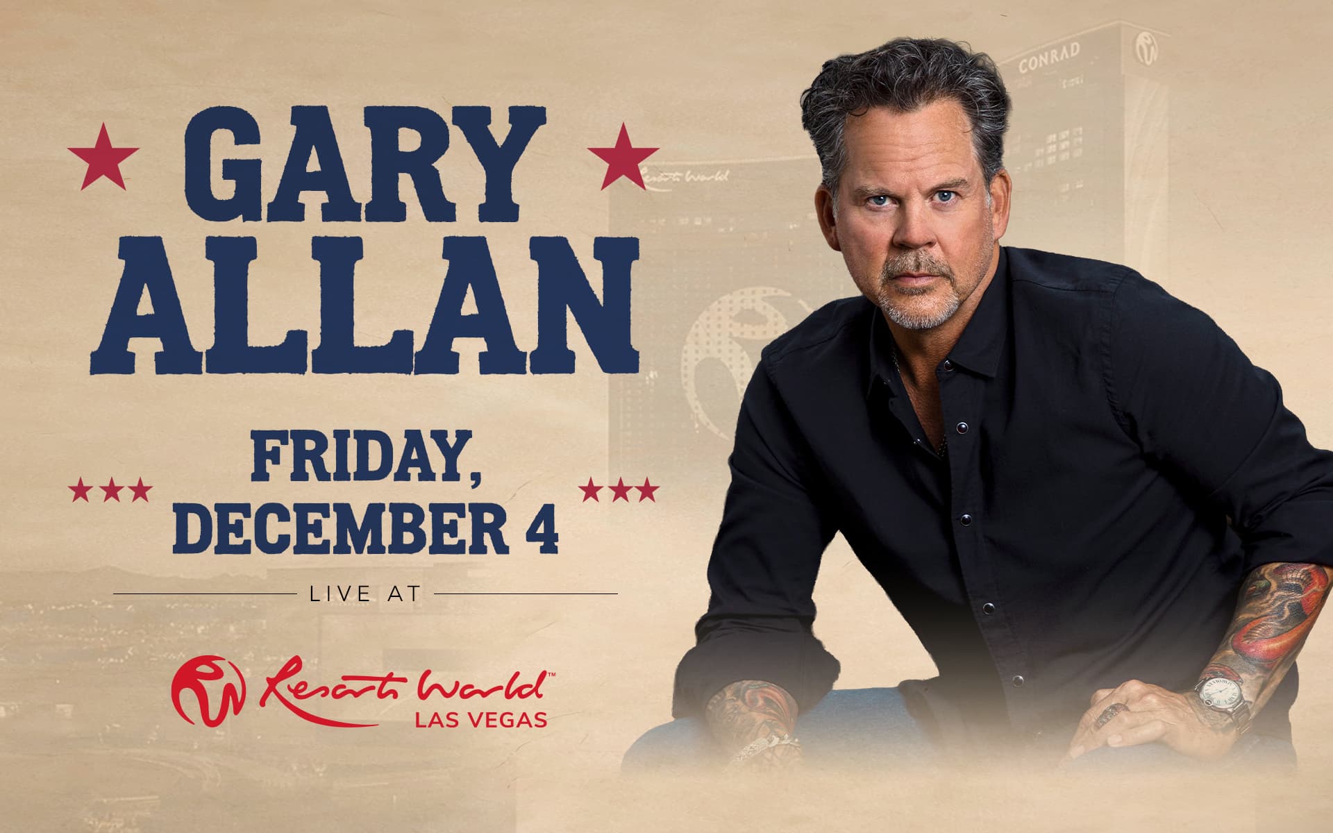 Promotional graphic for Gary Allan performing live at Resorts World Las Vegas on Friday, December 4.