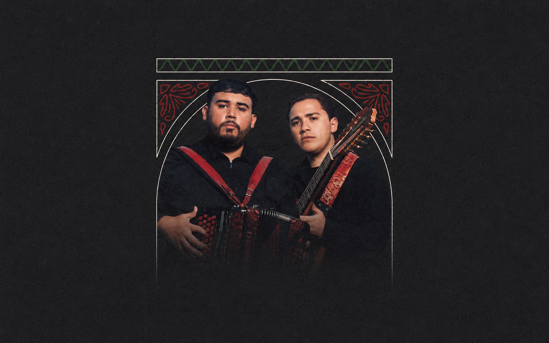 Two musicians posing with an accordion and guitar against a dark textured background.