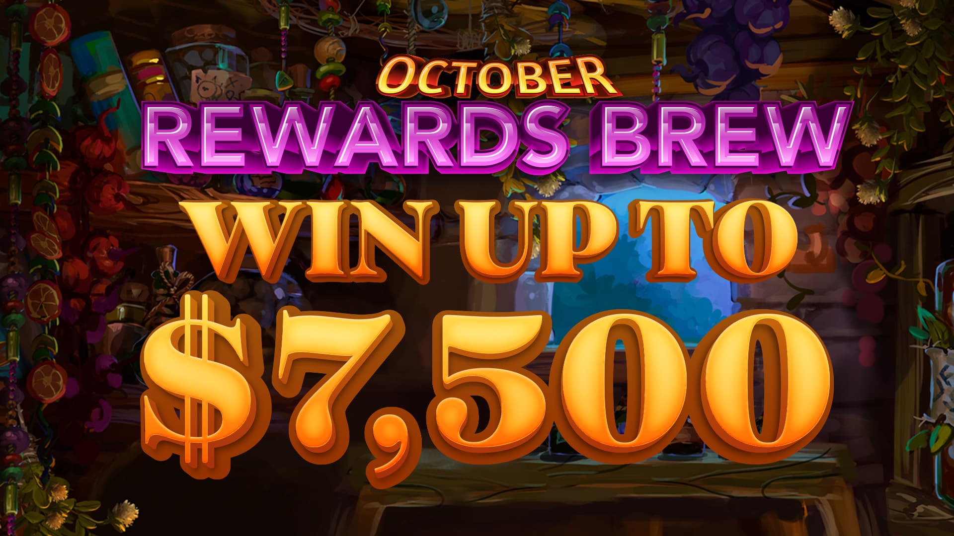 Promotional graphic for October Rewards Brew featuring bold purple and orange lettering announcing a chance to win up to $7,500.