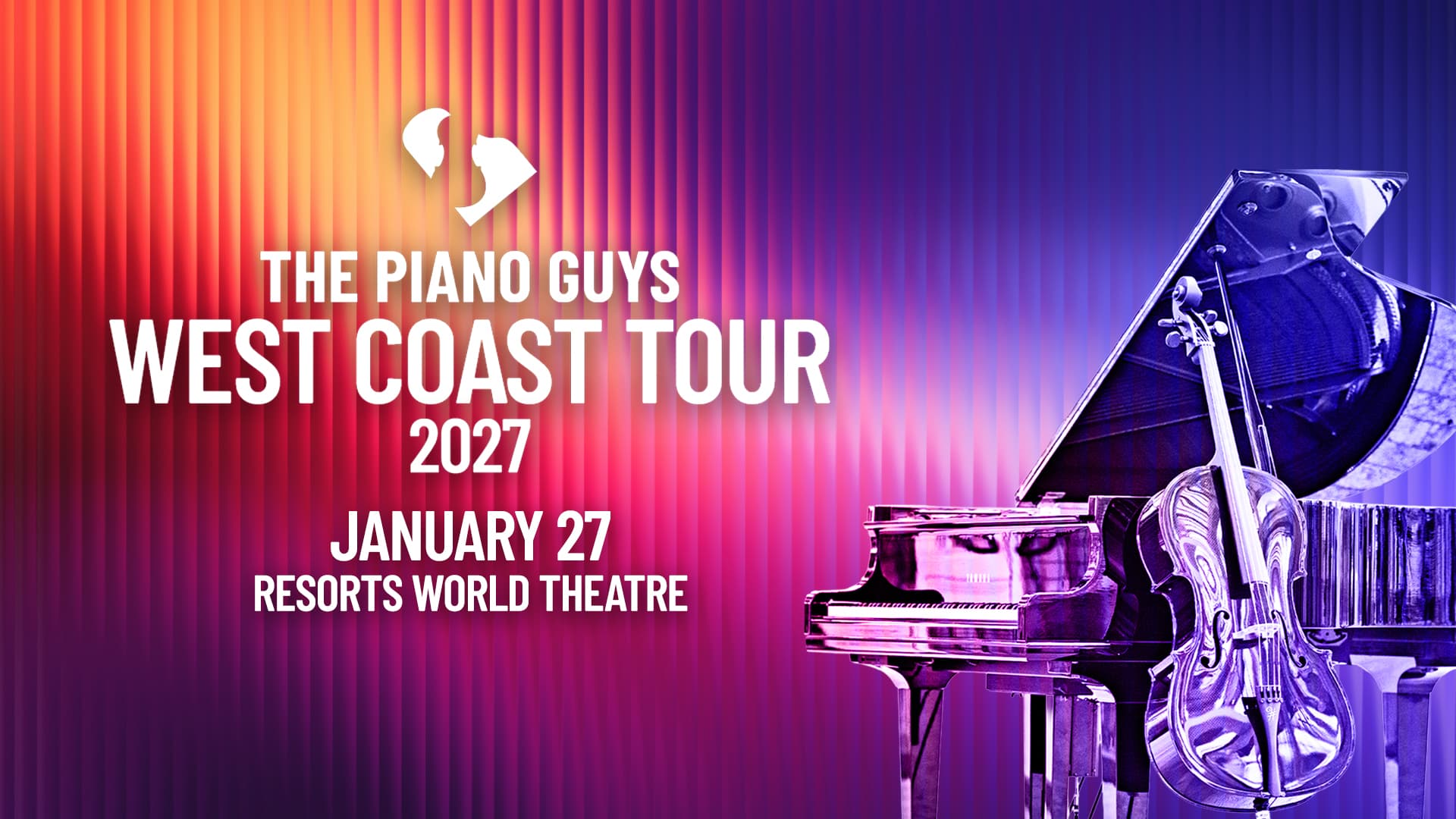 Promotional graphic for The Piano Guys West Coast Tour 2027 at Resorts World Theatre on January 27, featuring a grand piano and cello.