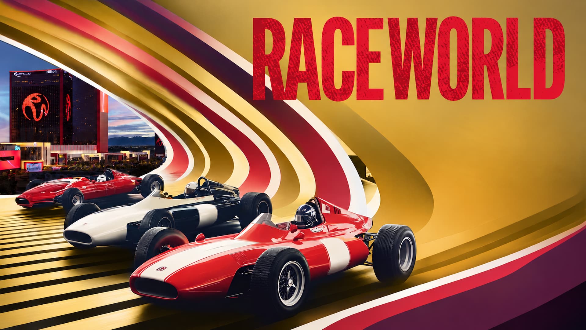 Raceworld promotional banner featuring three vintage Formula-style race cars on a gold, red, and purple racetrack, with Resorts World Las Vegas in the background and the Raceworld title in bold red lettering.