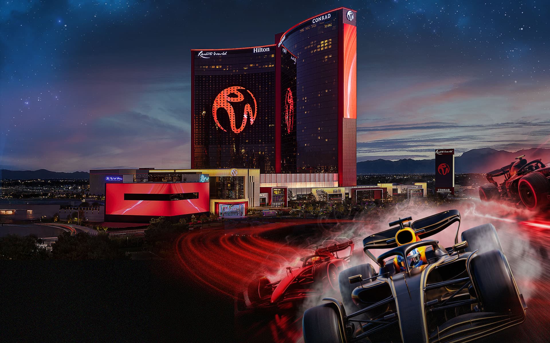 Promotional image featuring Formula-style race cars speeding along a glowing red racetrack in front of Resorts World Las Vegas at dusk, with the illuminated hotel towers in the background.
