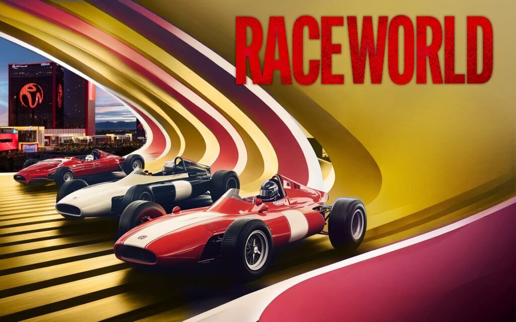 Raceworld promotional graphic featuring three vintage Formula-style race cars driving through a colorful red, gold, and white tunnel, with Resorts World Las Vegas in the background and a bold red Raceworld title.