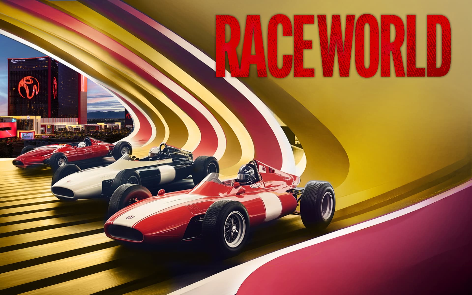 Raceworld promotional graphic featuring three vintage Formula-style race cars driving through a colorful red, gold, and white tunnel, with Resorts World Las Vegas in the background and a bold red Raceworld title.